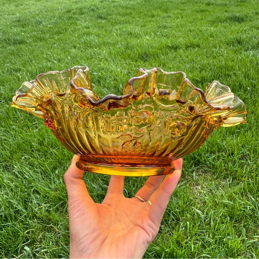 Vintage Fenton Amber rose ruffled candy dish bowl